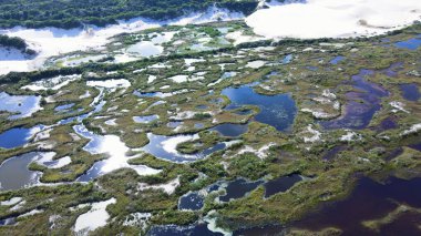 Florianpolis, Santa Catarina 'da bulunan Joaquina Sahili ve Lagoa da Conceio' daki Doğal Park Kumulları 'nın havadan görünüşü. Kum tarlaları, dinlenme bitkileri, ekolojik ve turistik göller.