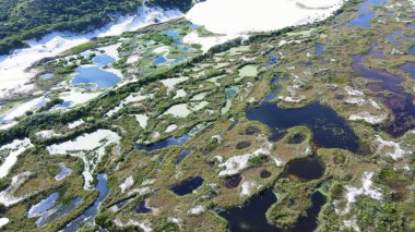 Florianpolis, Santa Catarina 'da bulunan Joaquina Sahili ve Lagoa da Conceio' daki Doğal Park Kumulları 'nın havadan görünüşü. Kum tarlaları, dinlenme bitkileri, ekolojik ve turistik göller.