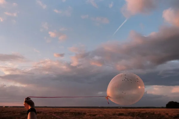 Silueta Mano Femenina Sosteniendo Globo Con Corazones Contra Puesta Del — Foto de Stock