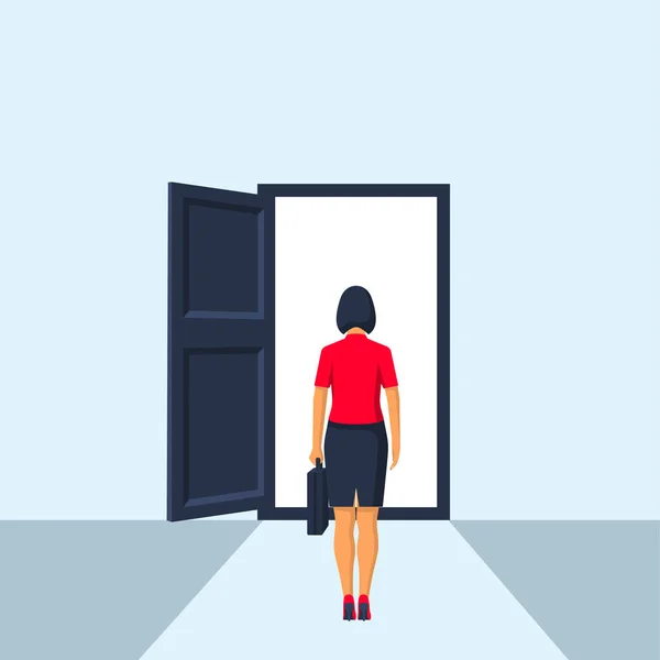 Geschäftsfrau zu Fuß zur geöffneten Tür — Stockvektor