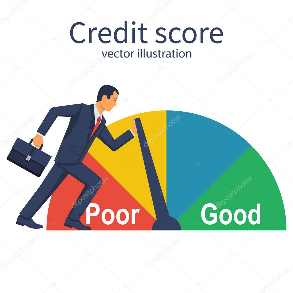 Credit score, gauge. Businessman pushing speedometer scale changing personal credit information. Poor and Good. Vector illustration flat design. Isolated on white background. Business aspirations.
