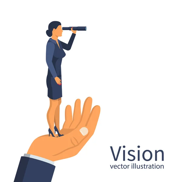 Businesswoman looking on telescope standing on big hand — Stock Vector