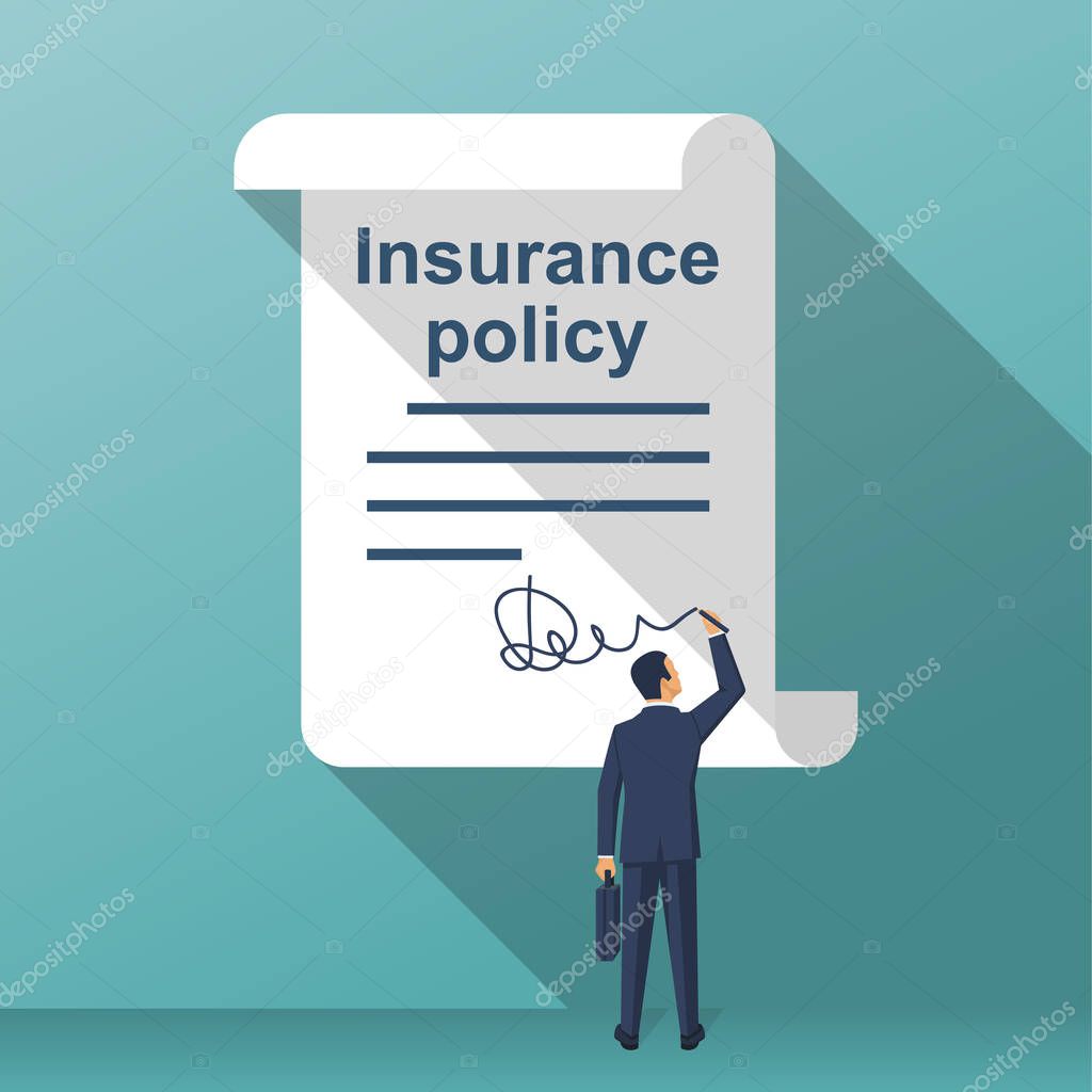 Man signature form insurance policy. Vector illustration flat design. Claim form. Isolated on background. Document protection property.