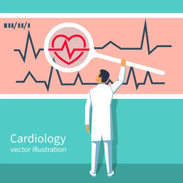 Cardiologie concept arts houdt Vergrootglas — Stockvector