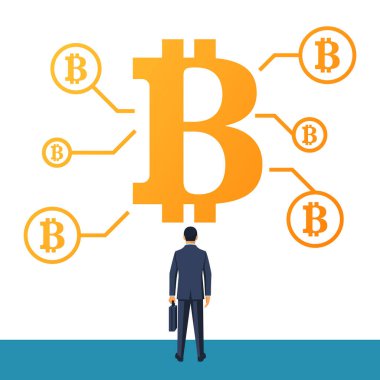 İşadamı bitcoins büyük belirtisinde görünüyor.