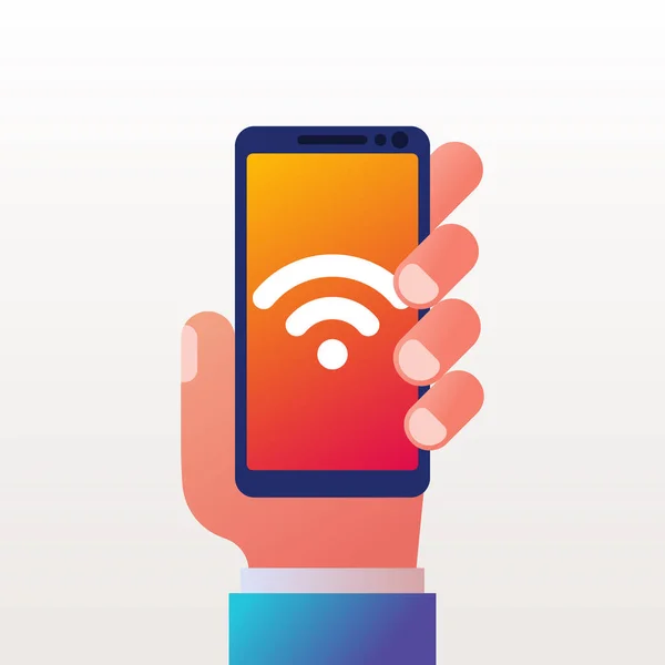 Εικονίδιο Wi-Fi στο τηλέφωνο. Smartphone στο χέρι. — Διανυσματικό Αρχείο