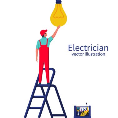 Electric is standing on the ladder screwing the lamp clipart