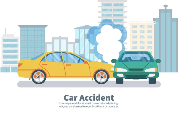 Autó baleset fogalma, háttérben a nagy város. — Stock Vector