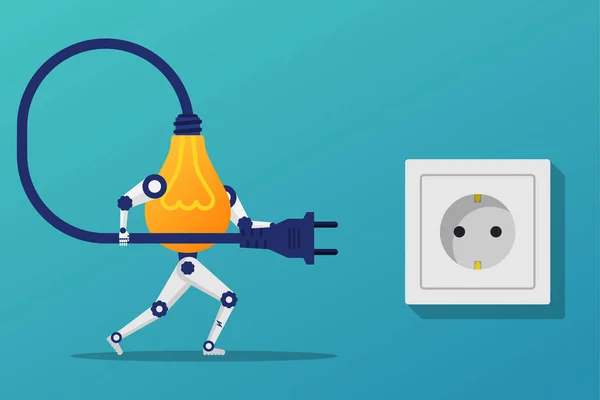 Połączyć pomysł. Żarówka robot trzyma przewód gniazdka elektrycznego conne — Wektor stockowy