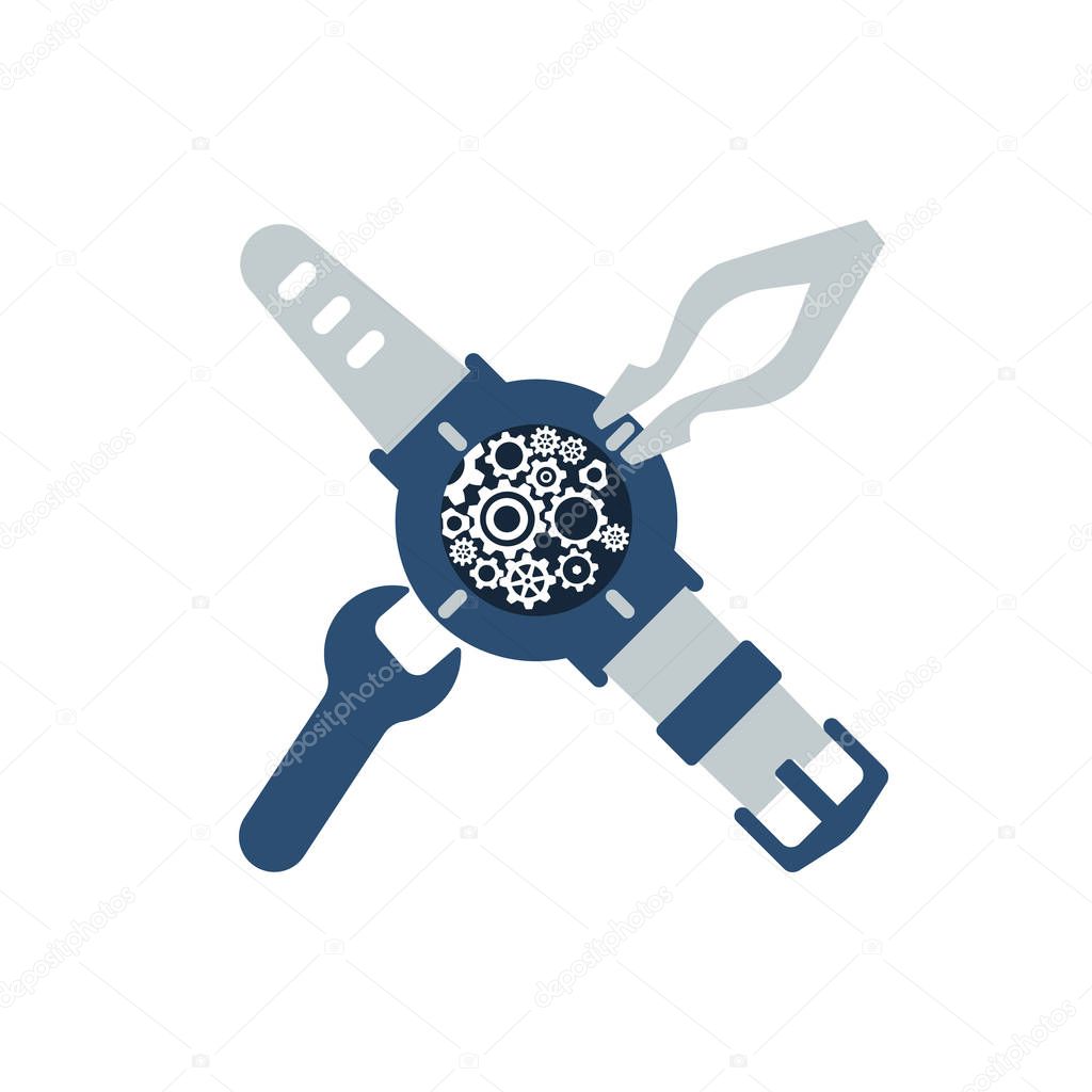 Watch repair icon. Watchmakers logo. Vector illustration flat design. Isolated on white background. Disassembled watches with a spanner and tweezers. Watchmaker craft profession.