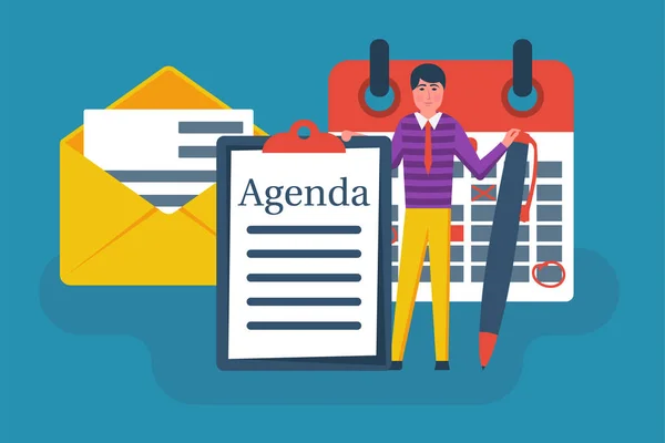 Concepto agenda. Empresario en la agenda de escritura — Vector de stock