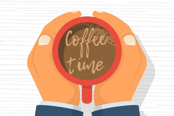 커피 시간입니다. 남자는 컵 커피 손에 들고. — 스톡 벡터