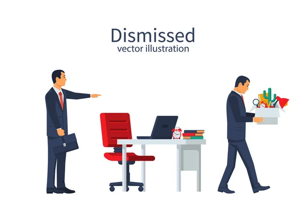 Firing employee. Sad man with a box in hands leaves work. — Stock Vector