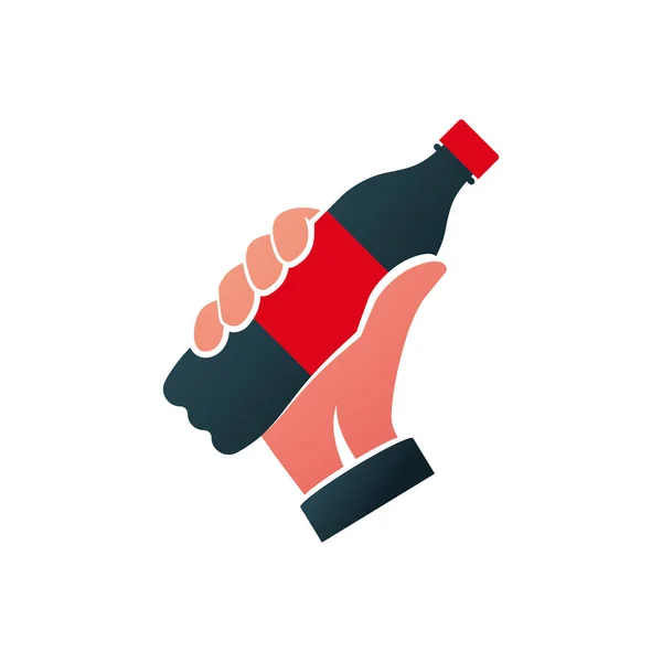 Ікона пляшка содової чорного силуету тримається в руці — стоковий вектор