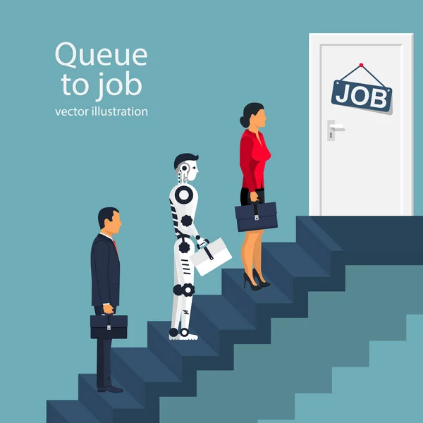 File d'attente pour travailler homme femme et robot — Image vectorielle