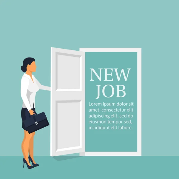 Nieuw concept van de baan. Vrouw opent deur op zoek naar werk — Stockvector