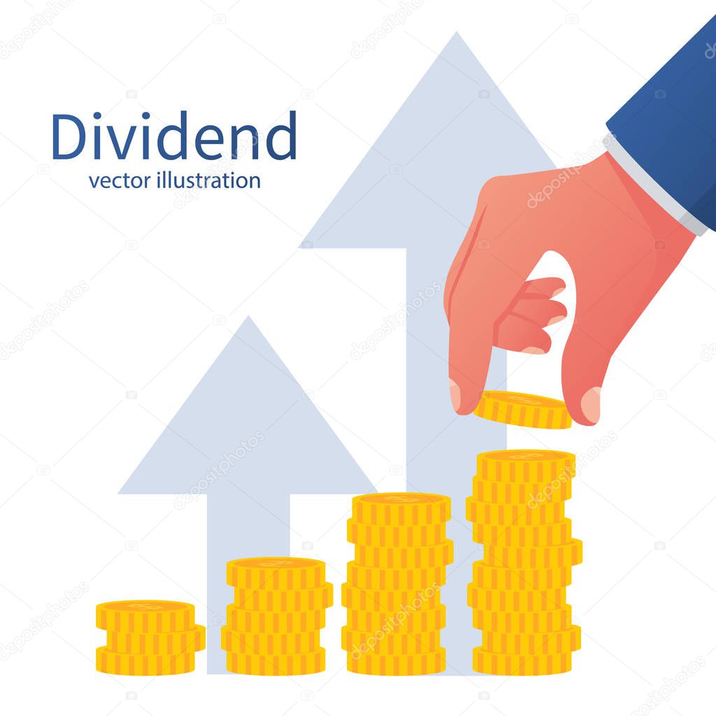 Dividend concept. Improve profit. Man hold in hand gold coin. Stack of dollar coins. Vector illustration flat design. Investment stock market. Save up money.