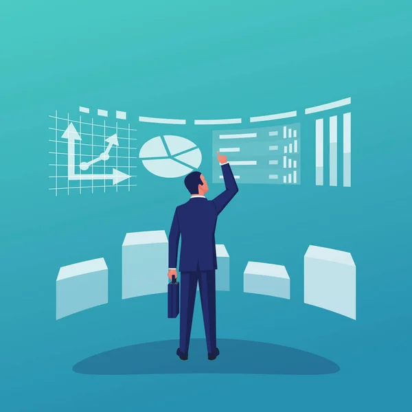 Análise de negócios. Empresário local de trabalho, gráfico em tela grande . —  Vetores de Stock