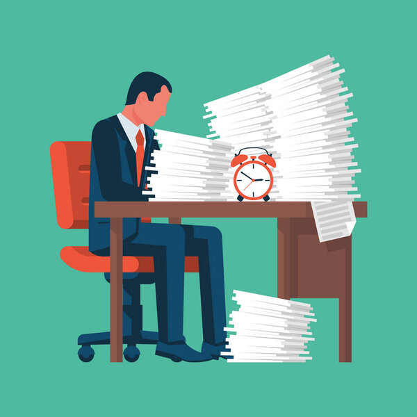 Empresario trabajando con un montón de papeles — Vector de stock