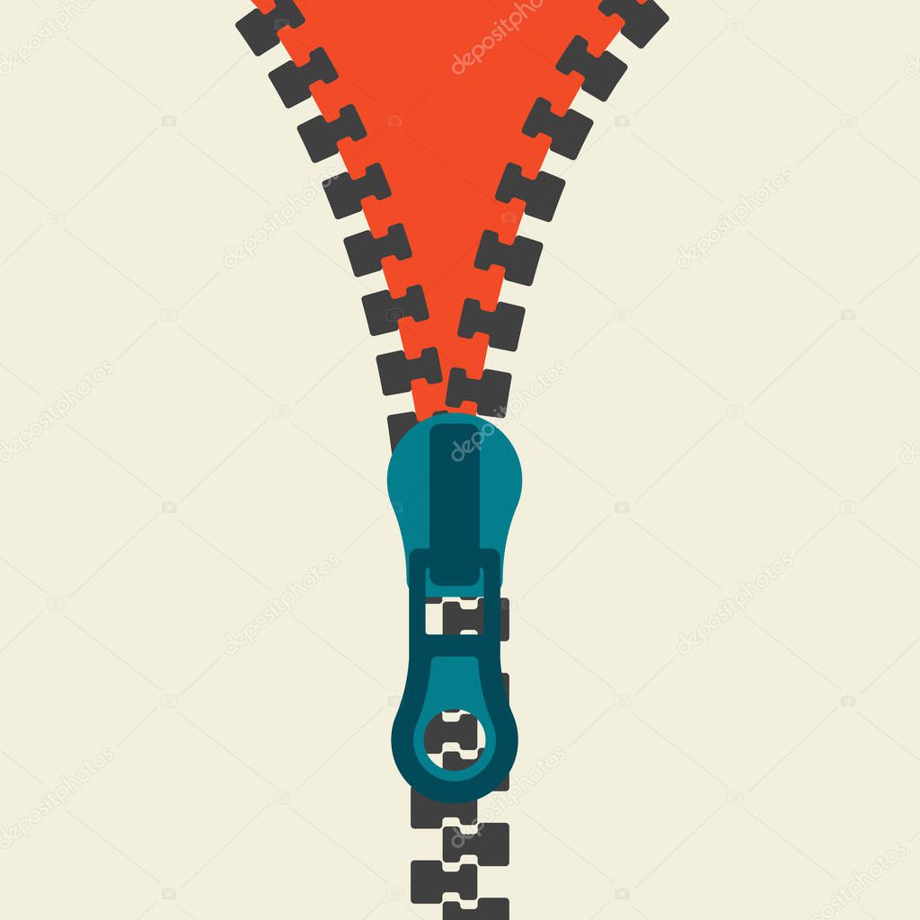 Zipper flat icon. Template zippered lock and unlock. Fastener silhouette. Vector illustration flat design. Isolated on white background. Open and close the hem of things.