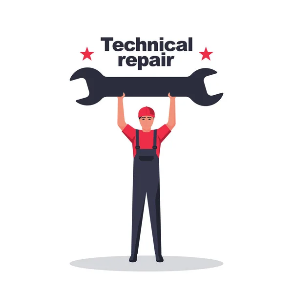 Reparatör innehar stor skiftnyckel i handen. Hem reparation. — Stock vektor
