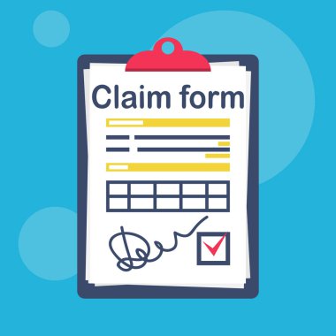 Onay işareti ve bir imza ile sigorta hasar talep formu. Vektör çizim düz tasarımı. Beyaz arka plan üzerinde izole. Resmi belge. Pano sayfaları ile.