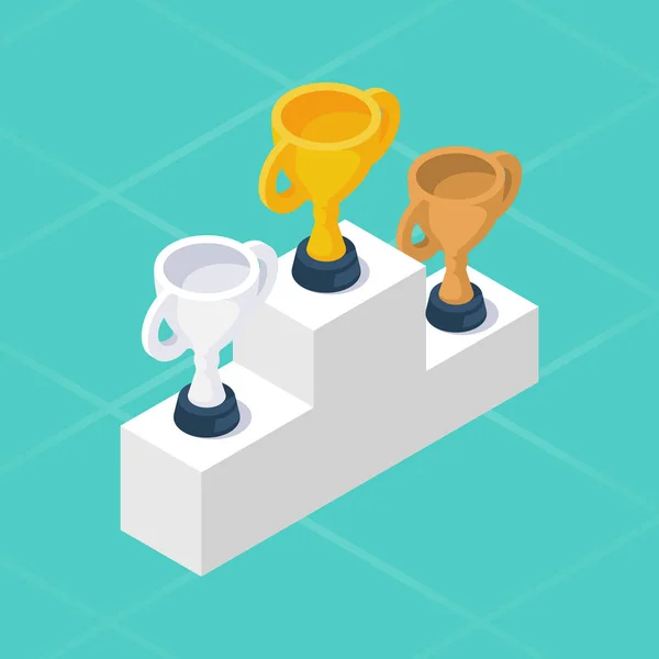Stupně vítězů z zlato, stříbro, bronz trophy cup izometrické design. — Stockový vektor