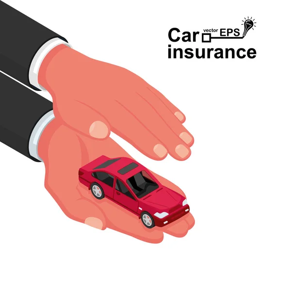 Mãos agente de seguro masculino protege carro — Vetor de Stock