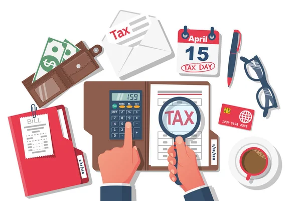 Paiement d'impôts. Homme d'affaires travaillant à table avec des documents — Image vectorielle