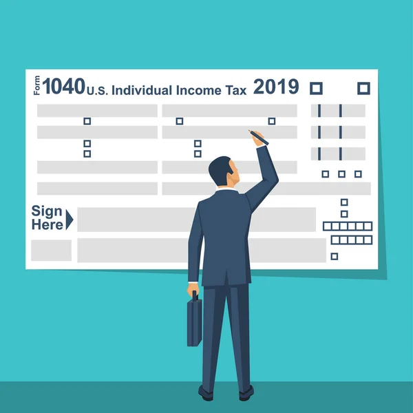 ビジネスマンは私たち税務フォームを塗りつぶします — ストックベクタ