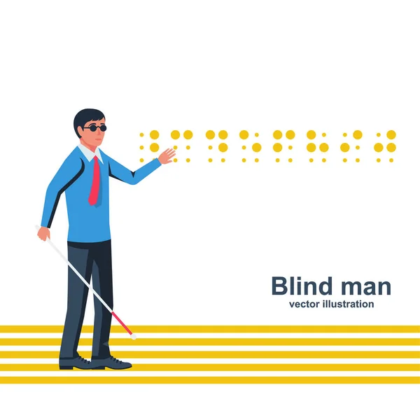Hombre ciego con un bastón blanco en la calle — Vector de stock
