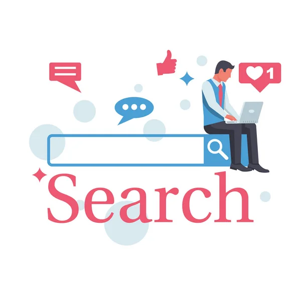 Searching concept. Man with a laptop is sitting on the search bar — Stock Vector