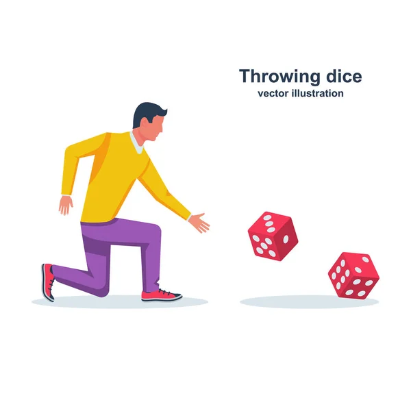 Man throws dice. Red dices on table. An avid person