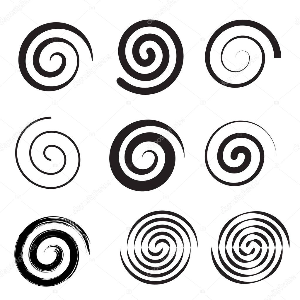 Spiral collection. Set of simple spirals. Set of black elements for design. Vector illustration flat style. Isolated on white background. Swirl drawn with a brush. Abstract sketch.