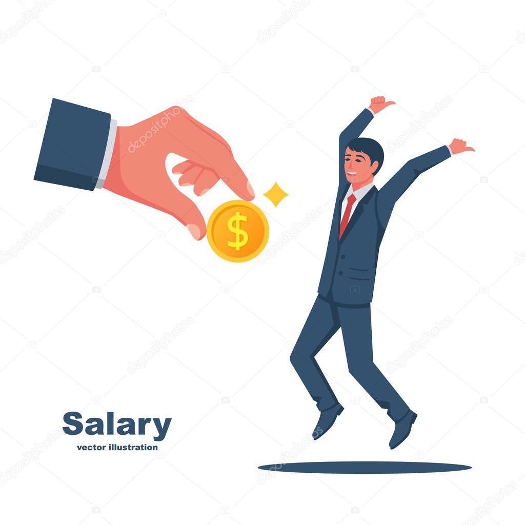 Salary time concept. Boss holding coin in hand gives worker