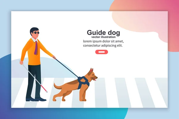 Template landing page blind man character with guide dog. — Stock Vector