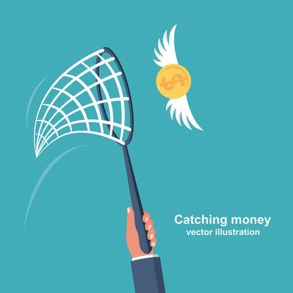 A perseguir o conceito de dinheiro. Empresário tentando pegar moeda voadora . — Vetor de Stock