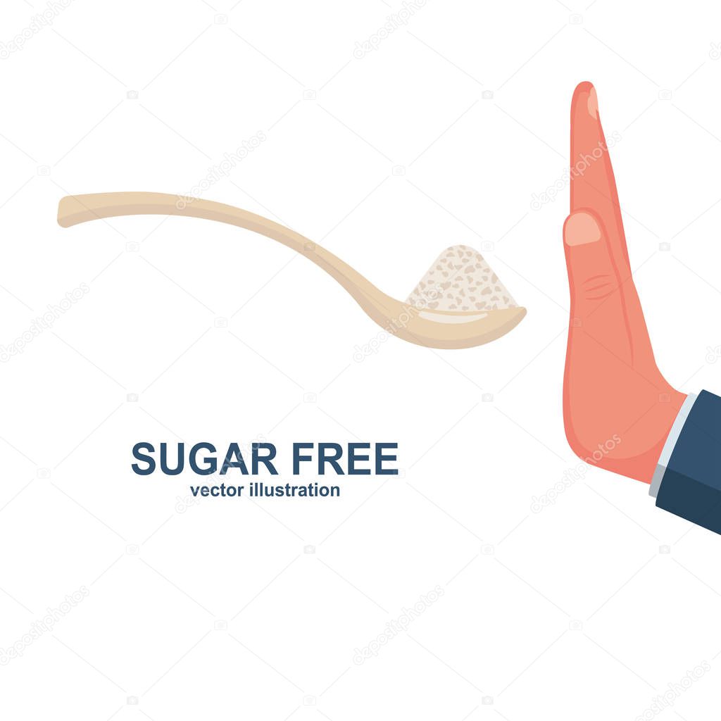 Sugar free. Human gesture hand refuses to sweet.