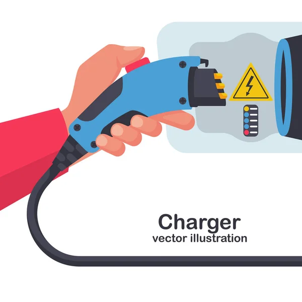 电源连接到电动汽车，为电池充电 — 图库矢量图片