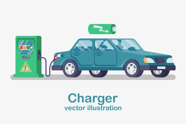İstasyon araba şarj cihazı. Elektrikli yakıt ikmali. Araç karikatür tarzı. — Stok Vektör