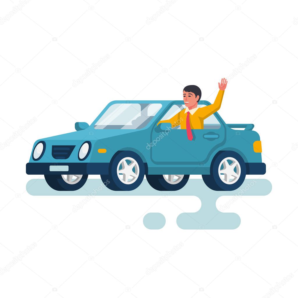 Human driving car. Happy young man waving hand