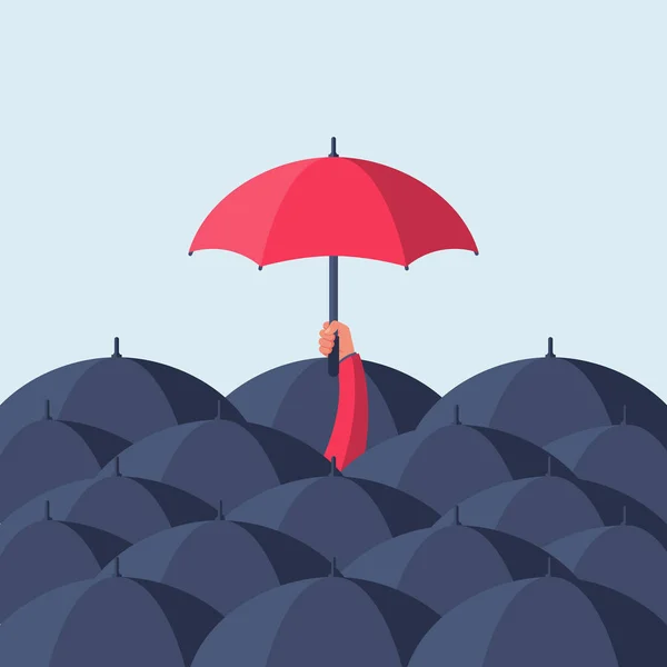 Unicità e individualità Uomo con un vettore ombrello rosso — Vettoriale Stock