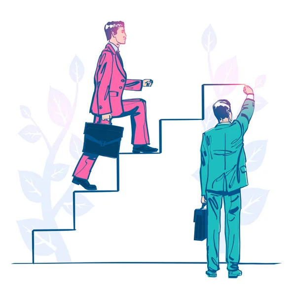 Бізнесмен піднімається по кар'єрних сходах. Людська рука малює сходи крупним планом — стоковий вектор