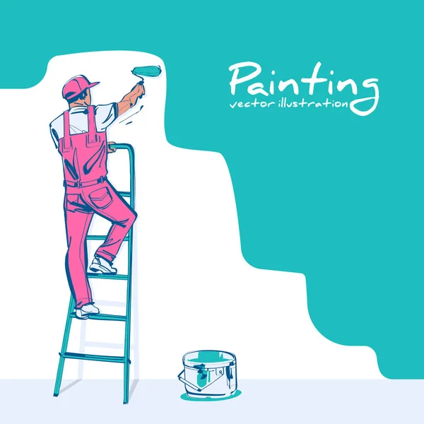 Ζωγράφος στέκεται σε Σκάλα χρώματα τοίχο Διανυσματικό σκίτσο — Διανυσματικό Αρχείο