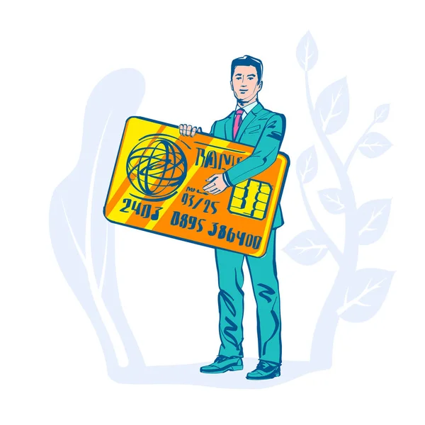 El hombre de negocios tiene la tarjeta de crédito en la mano. Firma pagando — Archivo Imágenes Vectoriales
