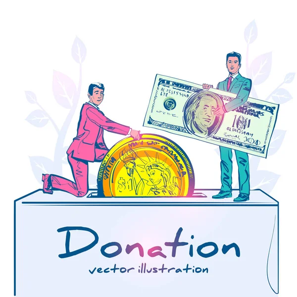 Пожертвование концепции шаблонной целевой страницы. Человек бросает деньги в коробку для пожертвований . — стоковый вектор