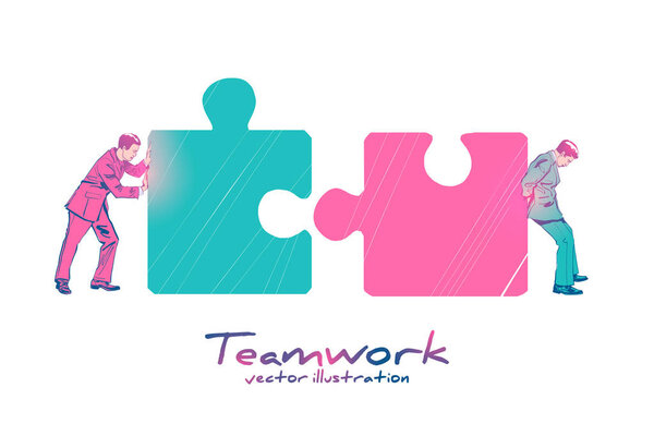 Целевая страница бизнес-концепции. Метафорный векторный эскиз командной работы
