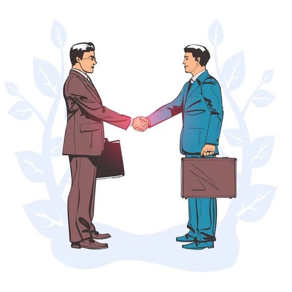 Treffen Geschäftsleute skizzieren. Zwei Geschäftsleute in Anzügen mit Aktentasche geben sich die Hand. Geschäftskonzept. — Stockvektor