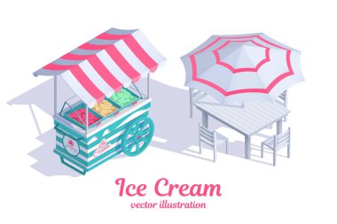 Tenteli dondurma arabası. Dinlenmek için bir yer. Masa ve sandalyeli şemsiye