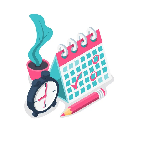 Kalendarz ze znakami i zegarami. Zarządzanie czasem. Planowanie koncepcji. — Wektor stockowy